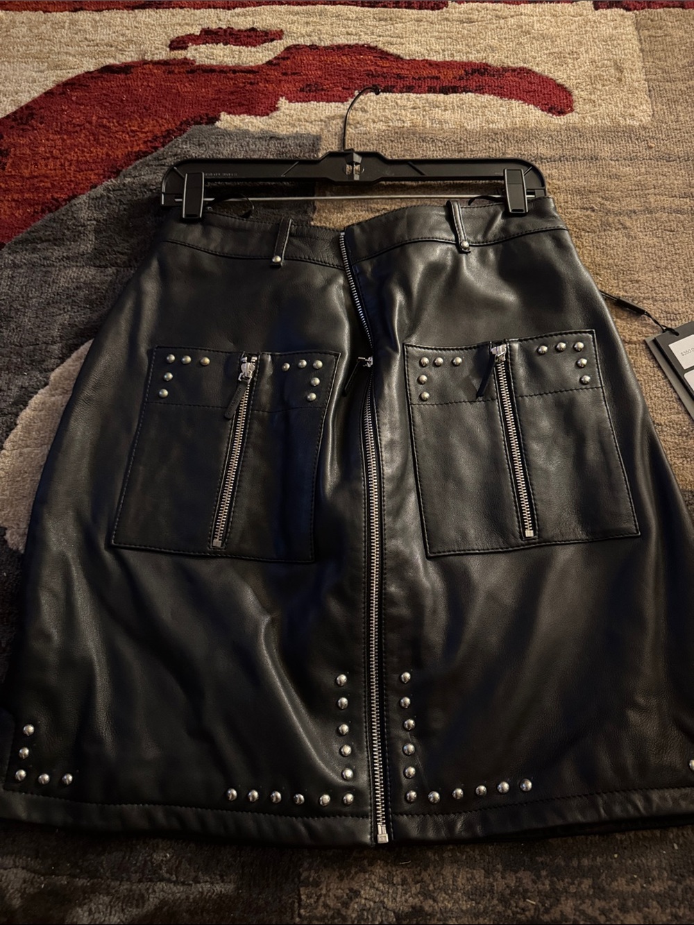 Karl Lagerfeld Black Faux Leather Studded Mini Skirt with Front Zip Pockets